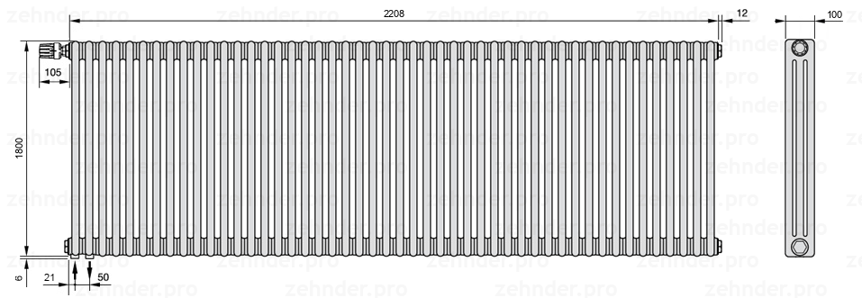 Схема (чертеж) Радиатор Zehnder Charleston 3180/48 №V001 Technoline TL